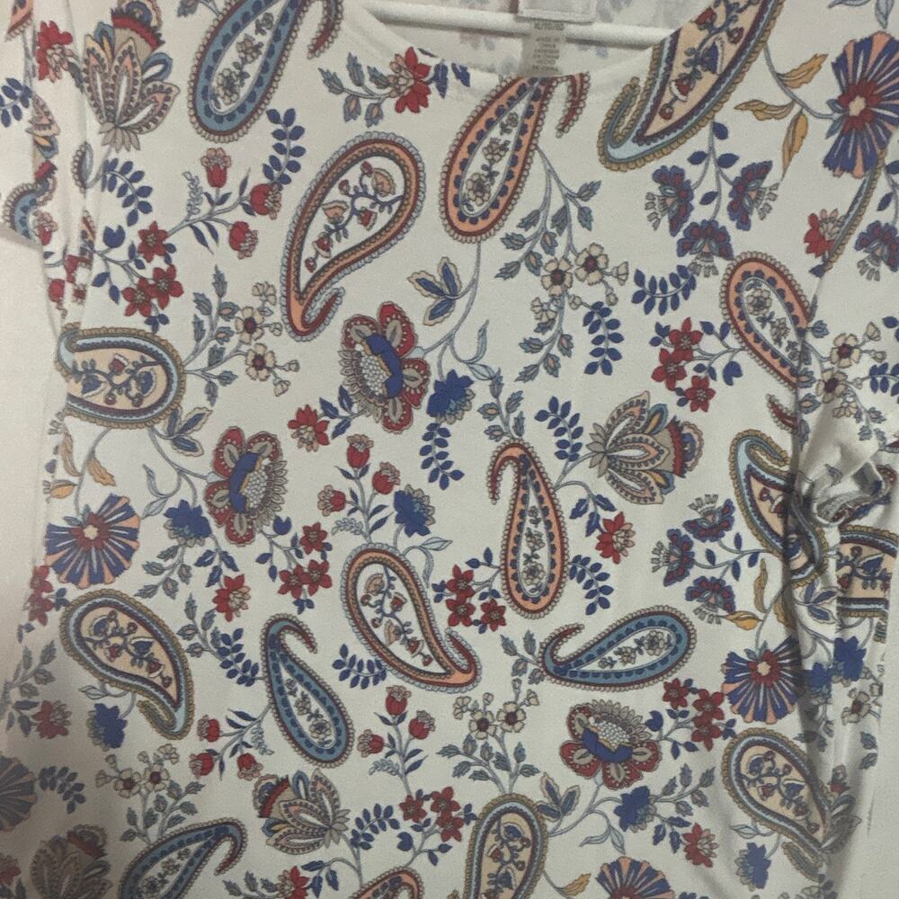 CUPIO Women's Top XL White Paisley Print Round Neck Short Sleeve Pullover - Picture 3 of 7